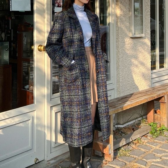 Plaid Lapel Collar Button Front Long Coat Multicolor - Picture 3 of 5